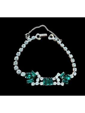 Vintage 1950s Joseph Wiesner Signed Green Clear Rhinestone Bracelet Adjustable
